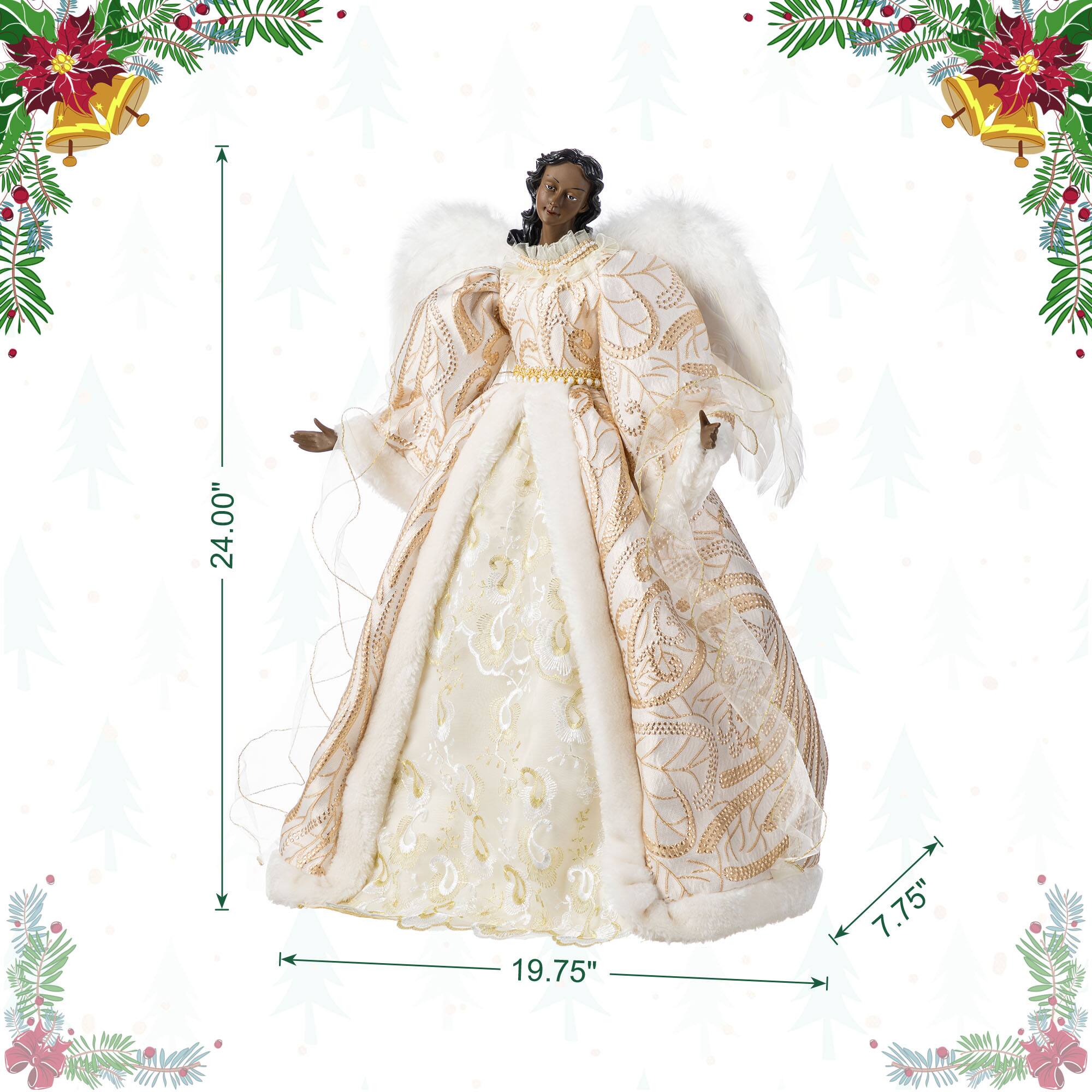 Glitzhome® 24"H Faux Fur & PVC Christmas Elegant African American Angel Tree Topper